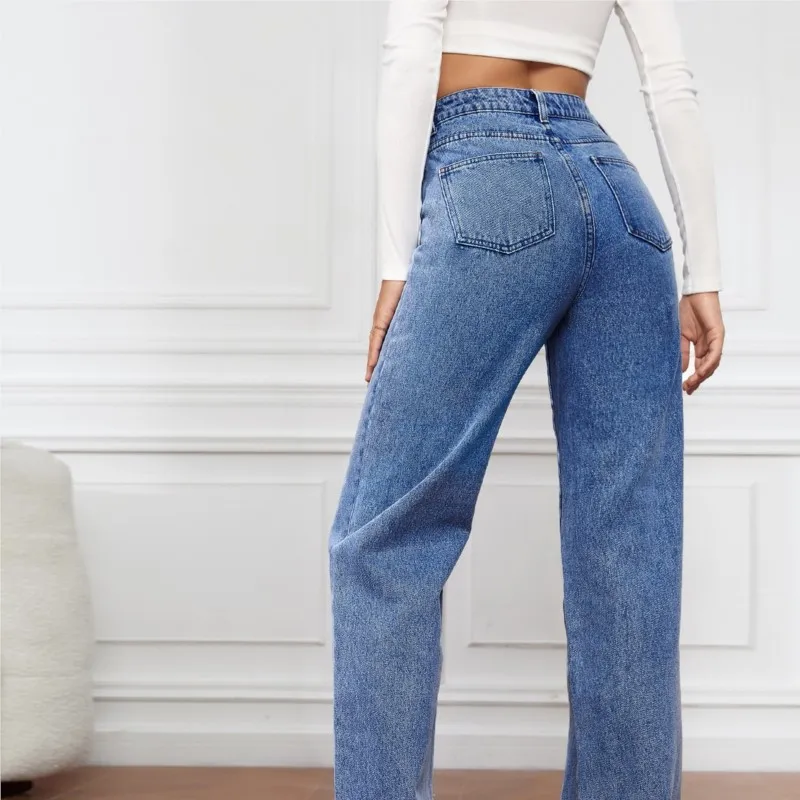 Calça jeans lavada azul vintage feminina, cintura alta, bolsos nas pernas, até o tornozelo, calça reta, Y2K, novo, básico, 2022