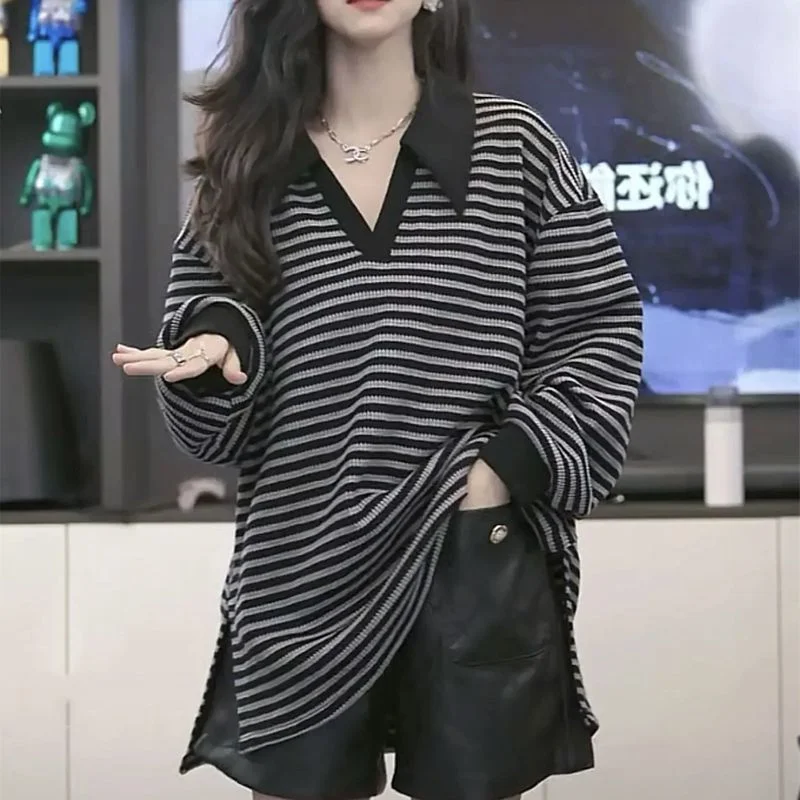 

plus Size 300 Pou Korean Sle Women's Ne Striped Knitwear Long Sve Loose Fit Autumn Top Casual Comfortable