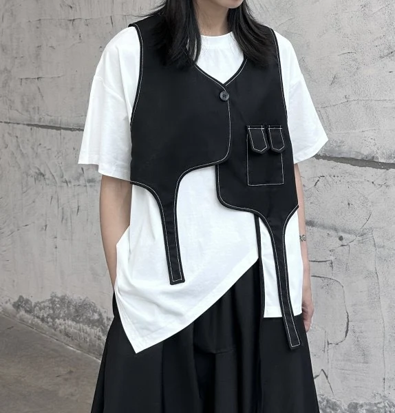 Dark Mountain Sleeveless Vest Women's Short Style Summer Layering Super Cool Slimming Knight Vest V-neck One-button Closure