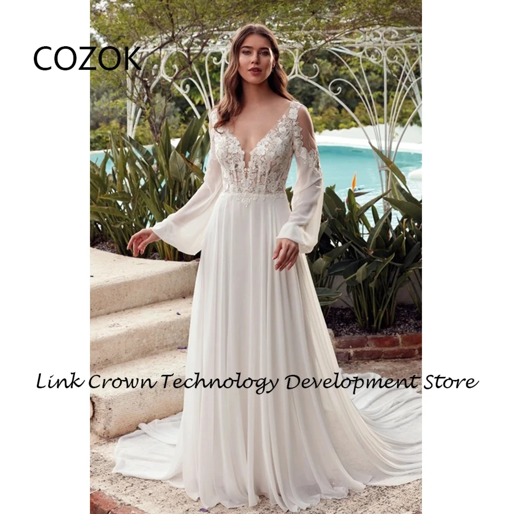 COZOK Strapless Full Sleeve Wedding Dresses for Women Sweep Train Bridal Gowns 2024 Summer New Chiffon Vestidos De Novia Lace