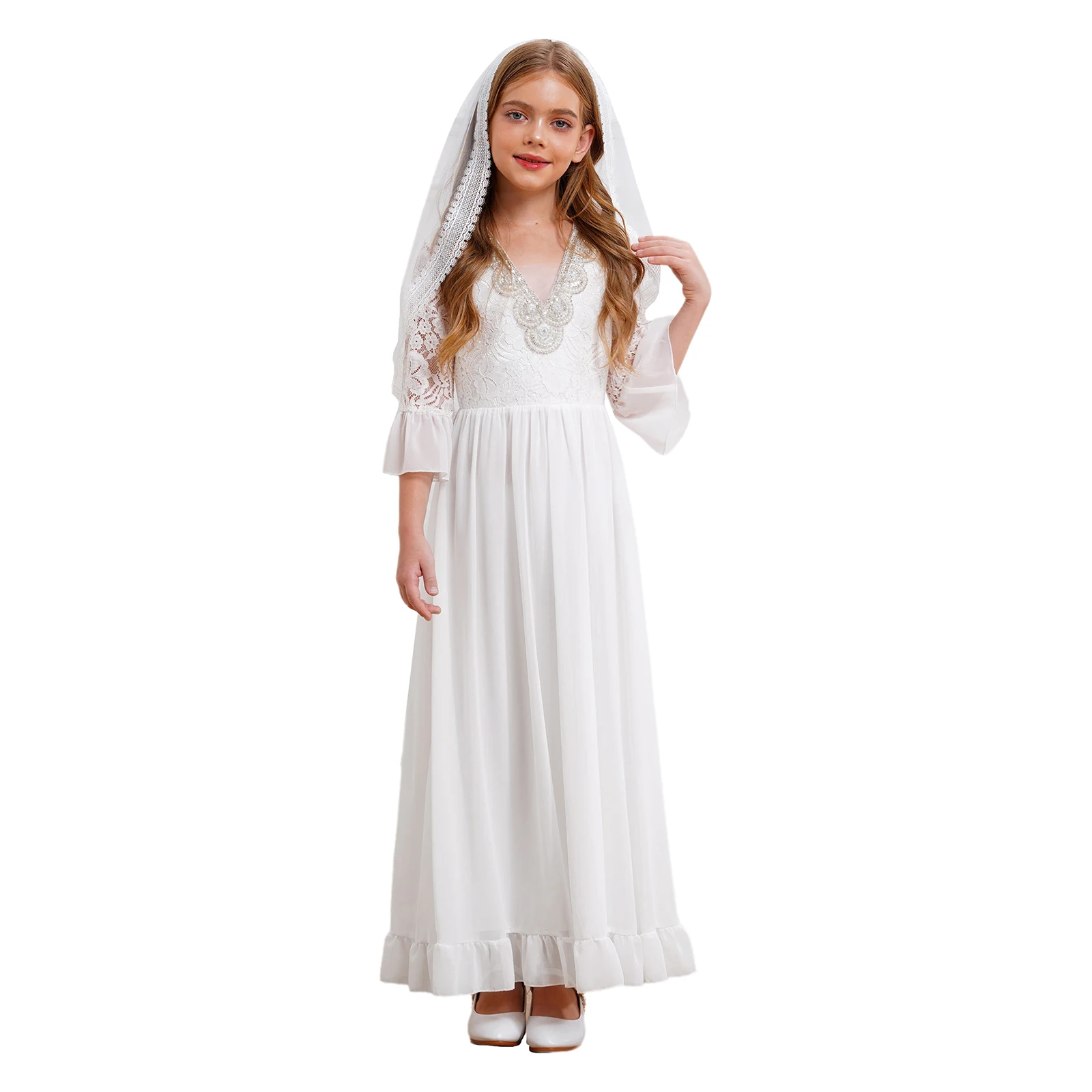 Girld Flower Girl Dress with Mesh Veil Children Maxi Dress White Formal Birthday Party Gown for Holy Communion Wedding Evenings