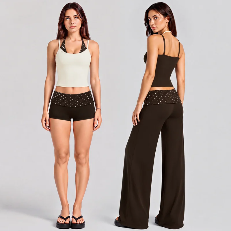 Women Halter Strap Tank Yoga Set Polka Dot Ruffled Fold Waist Wide Leg Pants Quick Dry Fitness Outfit Outdoor Running Training