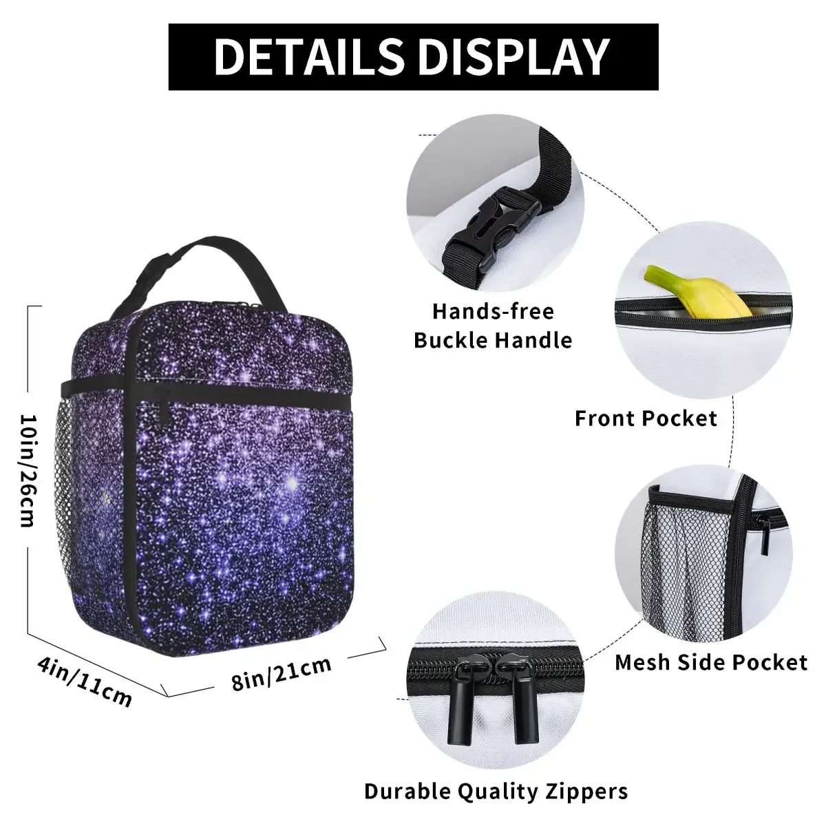 Galaxy Sparkle Stars Lavender Periwinkle Blue Ombre Insulated Lunch Bag Office Cooler Thermal Food Box Tote Leakproof Lunch Boxe