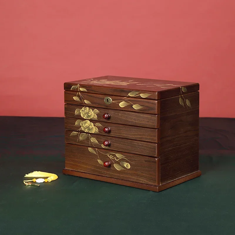 Chinese Classical Jewelry Box, Multilayer Organizer with Lock, Wooden Storage for Earrings, Bracelets, Watches with Mirror.