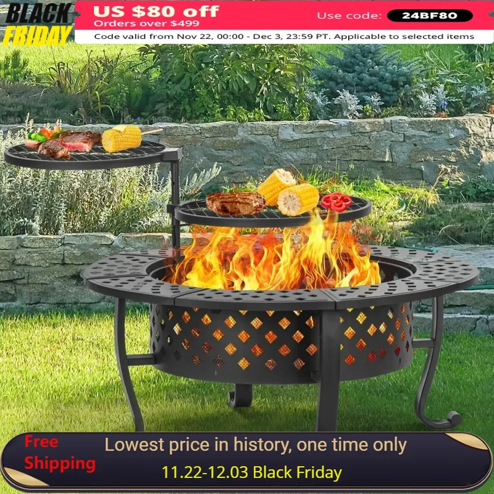 42 Inch Fire Pit Table with 2 BBQ Grills, Lid & Fires Poker, BBQ & Outdoor Firepit & Round Metal Tables 3 in 1, Fire Pit Table