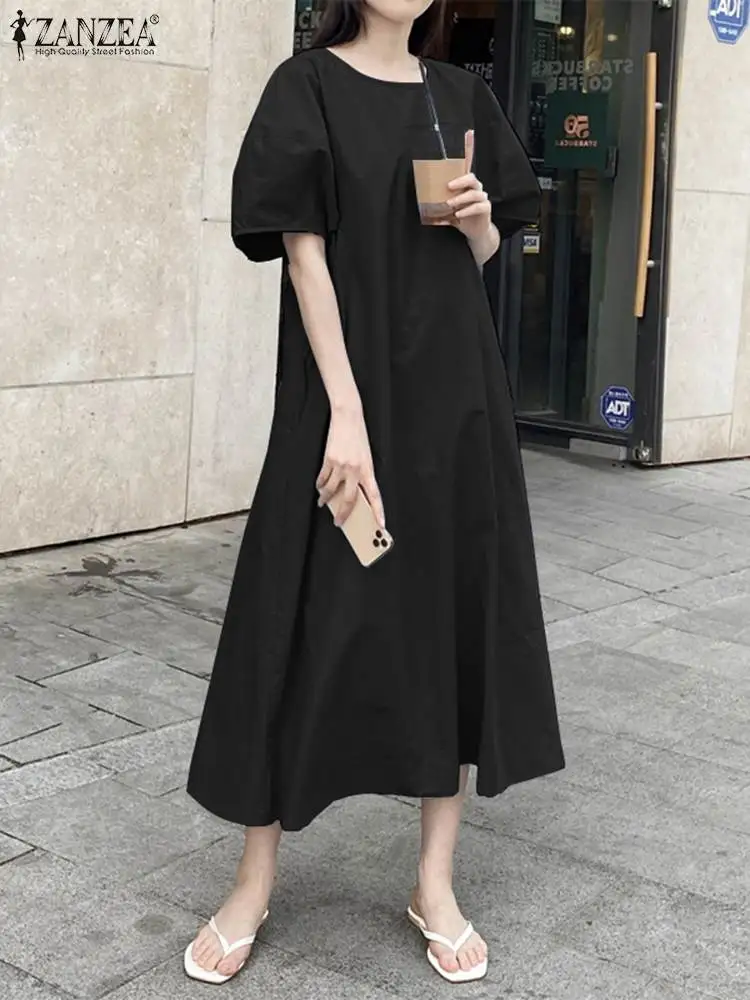 ZANZEA Korean Fashion Solid Dress Woman Short Sleeve O-Neck Mid-Calf Length Robe Female Casual Holiday Sundress Elegant Vestidos