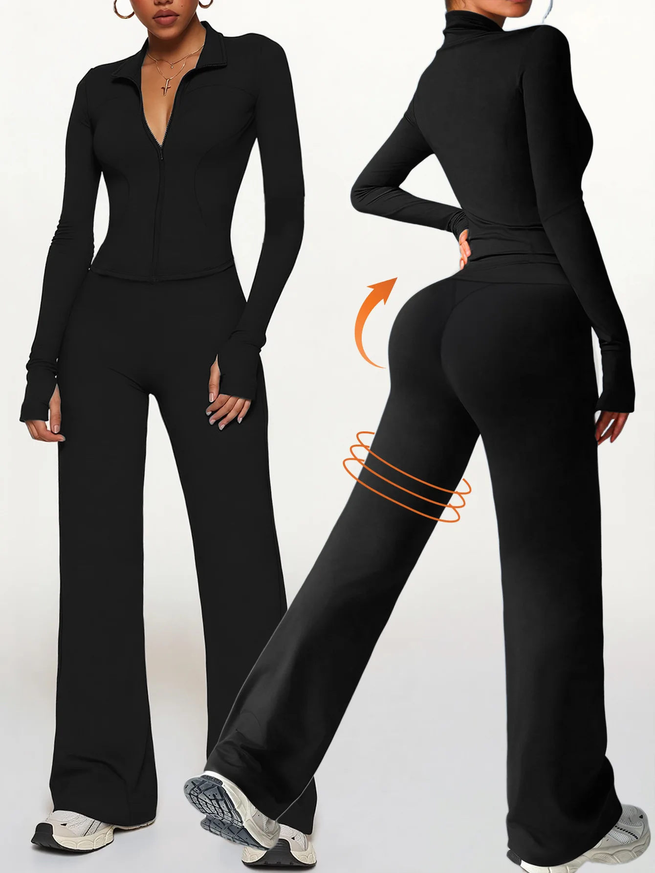 

New best-selling zipper long-sleeved top, high-waisted hip-lifting wide-leg long pants, high yoga fitness sportswear for women