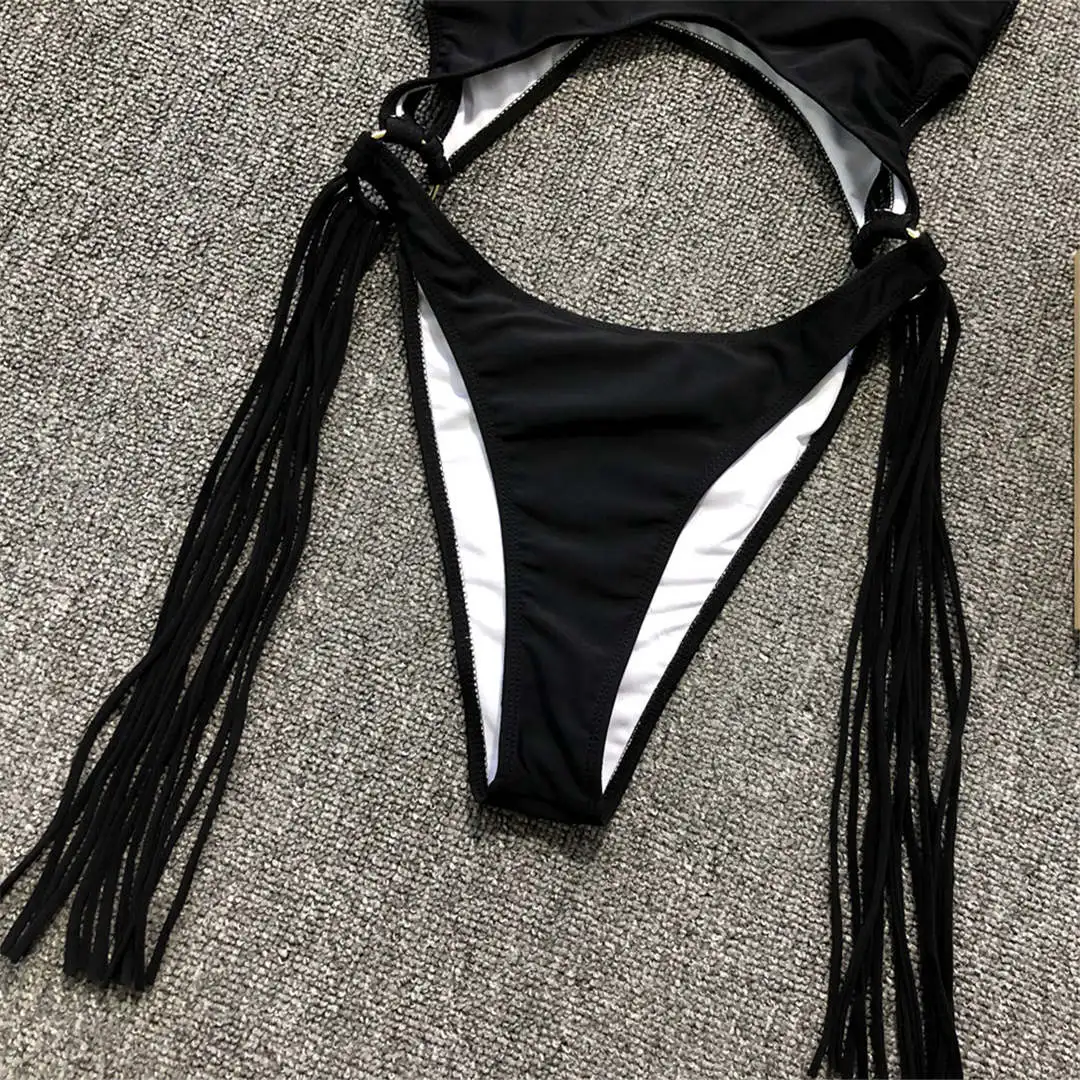 4 Farben, gespleißter Fransen-Badeanzug für Damen, einteiliger Badeanzug mit Ausschnitt im Bauchbereich, Damen-Badeanzug mit Fransen, hoch geschnittener Badeanzug, Badeanzug V1227 – Detail 33