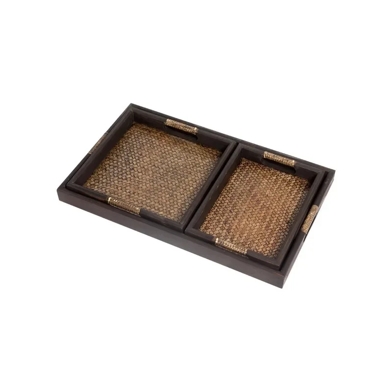 Yili Thailand Solid Wood Rattan Tray South East Asia Wood Weaving Hotel Clubhouse Rectangle Room Tea Tray