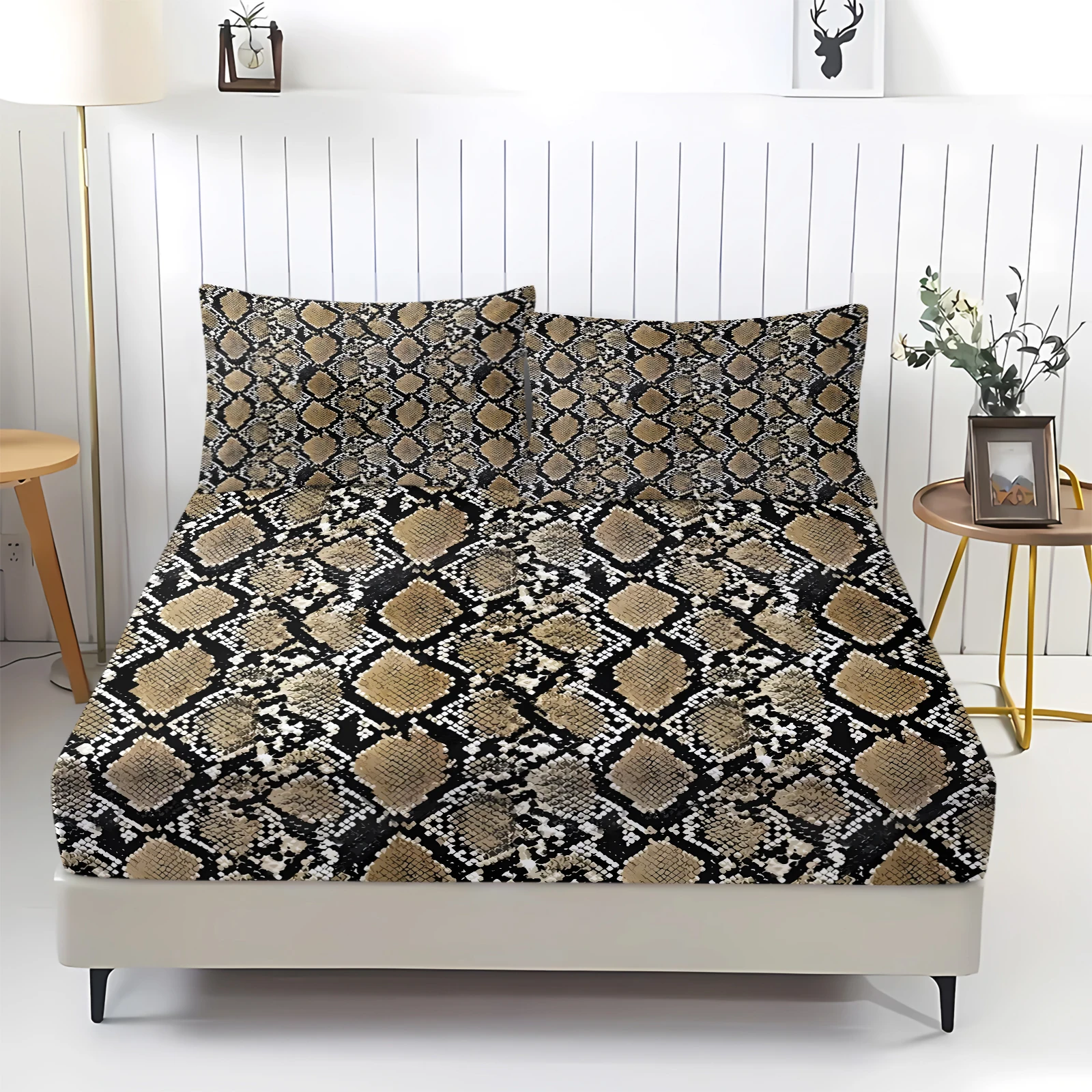 Vintage Snake Skin Print Fitted Sheet Set 3 PCS Full Surround Elastic Mattress Cover Non Slip Deep Pocket Bed Sheets Bedroom