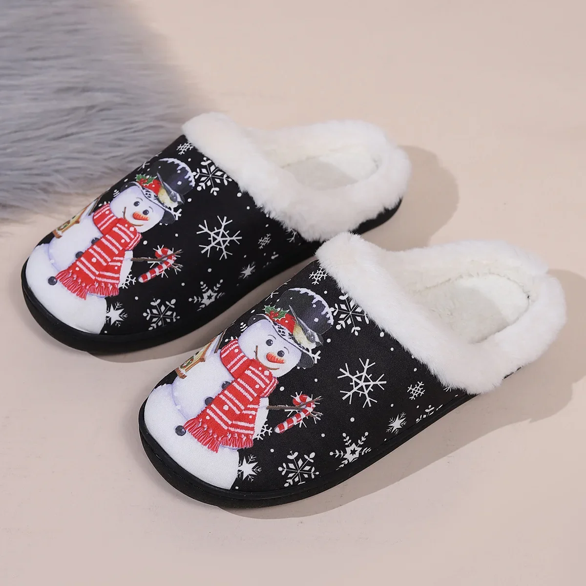 Women Men Christmas Winter Slippers Snowman Snowflake Pattern Warm Anti Slip Thick Soft Sole Indoor Footwear Comfort House Shoes