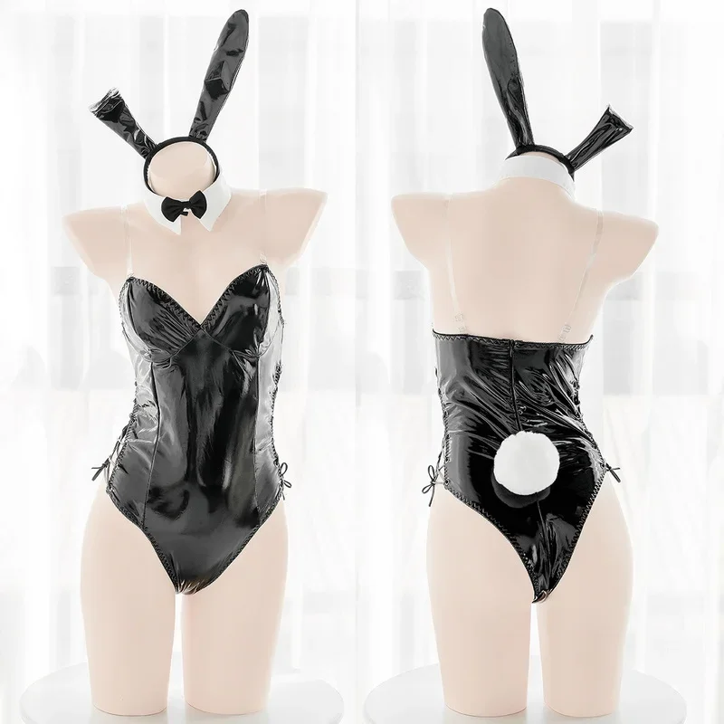 Sexy lingerie cosplay bunny costume PU leather bodysuit Mai Sakura Ajima rabbit suit kawaii ears 8 PCs anime maid outfit for wom