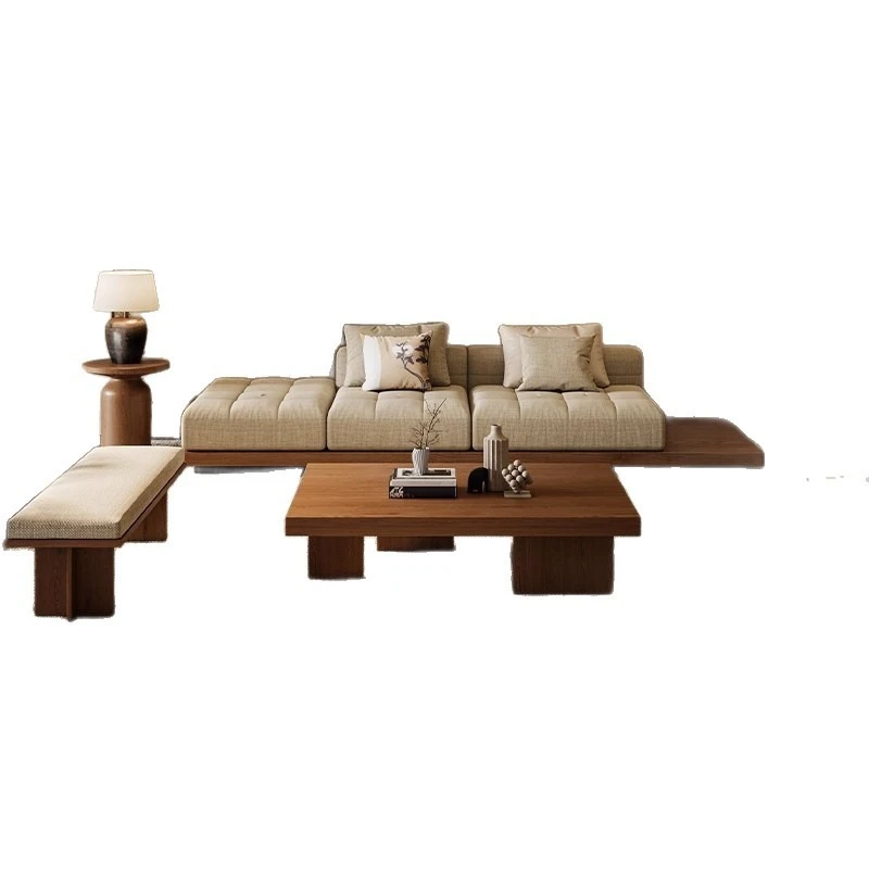 

Modern visual new Chinese Zen pure solid wood sofa coffee table combination fabric double straight row Song Dynasty aesthetic