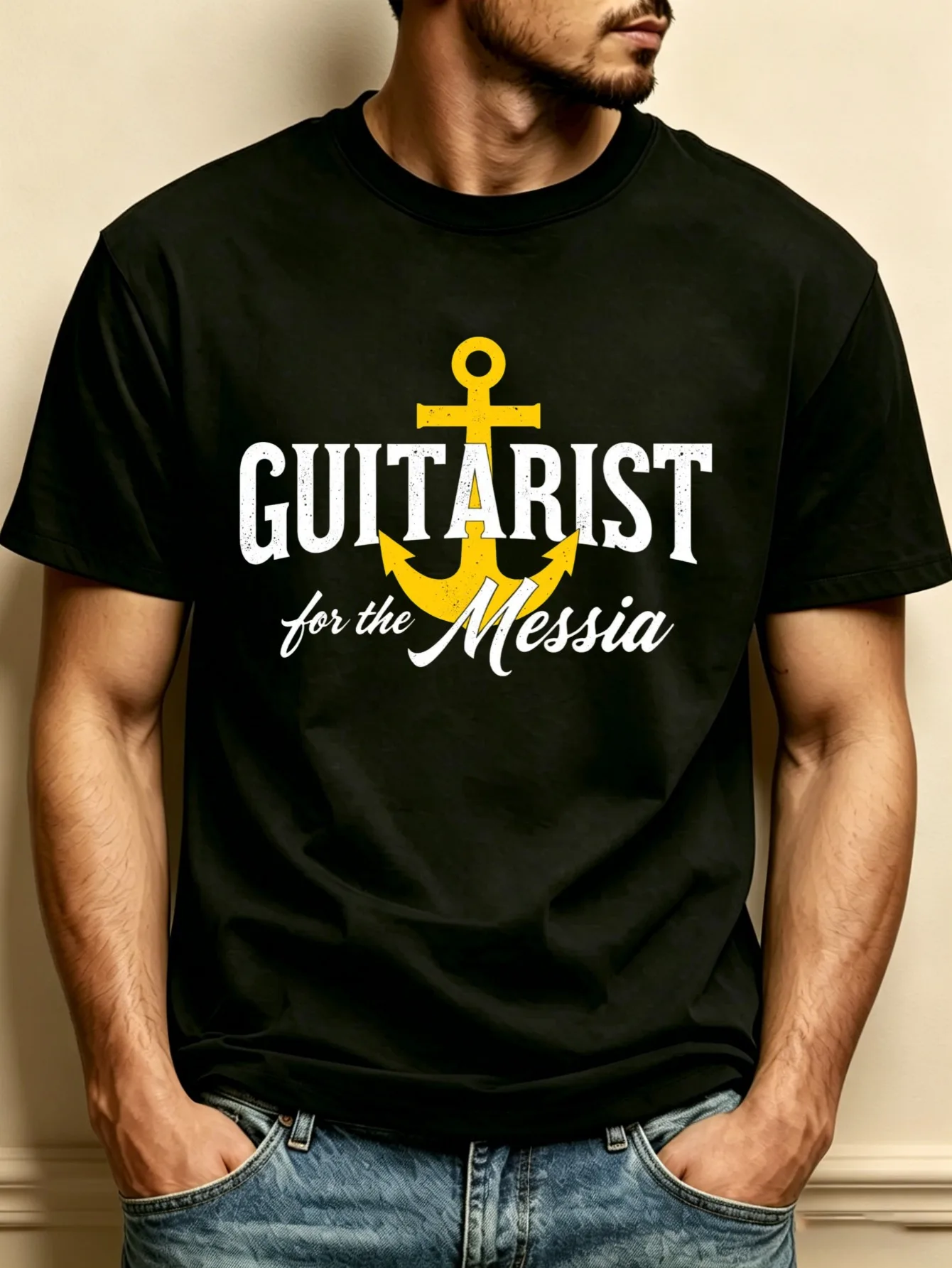 Religious Men's T-Shirt, Savior Guitarist Anchor Design, Casual Wear, Spring and Summer, Christian Music Enthusiasts