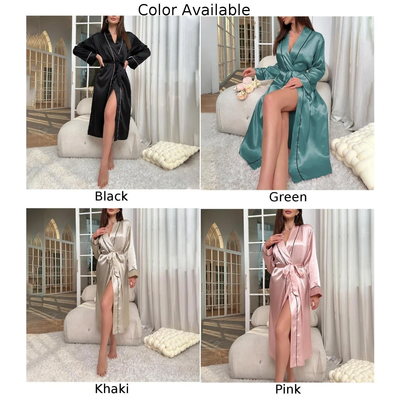 Women‘s Satin Skin Friendly Comfortable Bathrobe Kimono Lingerie Sleepwear Bride Dressing Long Sleeve Solid Lace Up Nightgown