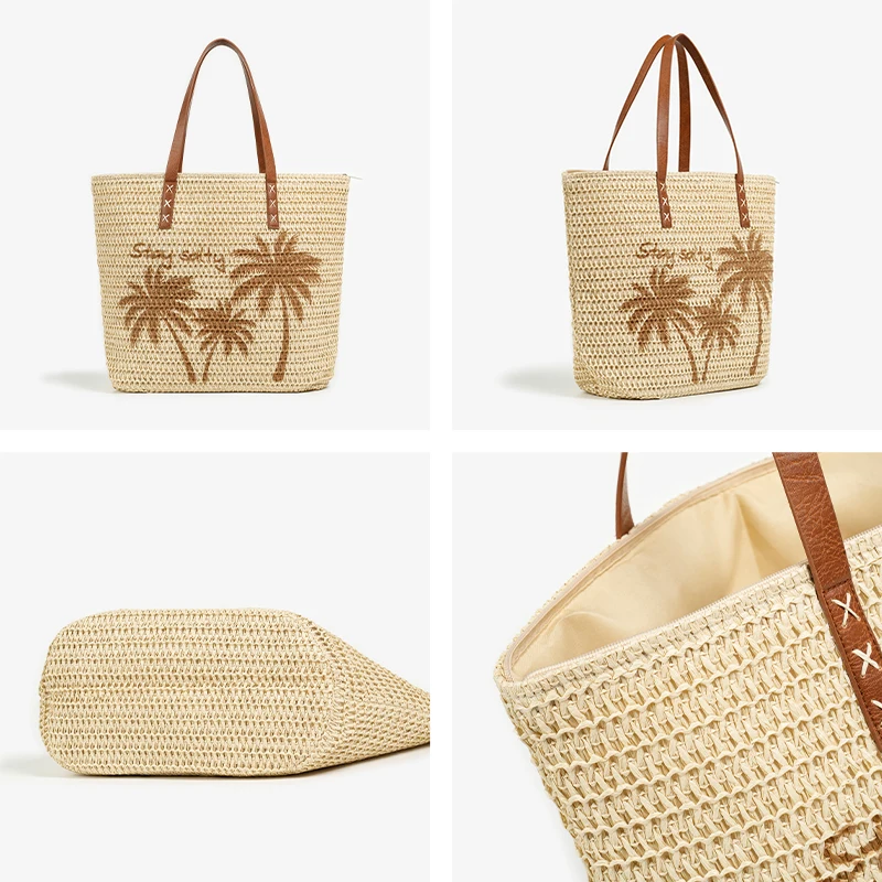 BEAUTODAY Casual Tote Women Papyrus Solid Color Zipper Vacation Handbag Large Capacity Ladies Bag 62126