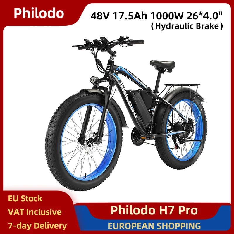 Philodo H7 Pro Bici Elettrica 1000W 48V 17.5Ah 26*4.0 Fuoristrada E-bike Motore di Azionamento Posteriore Freni Idraulici 21 Velocità 45 km/h Blu