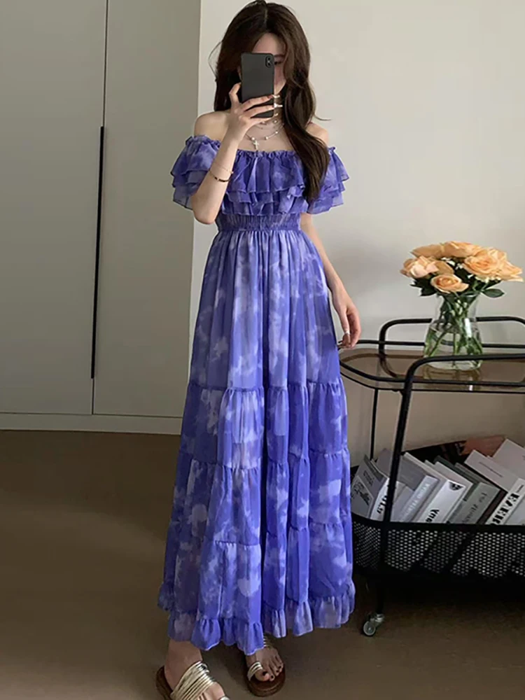 

Summer Purple Print Chiffon Chic Ruffled Chest Wrapping Dress Women Elegant Beach Style Casual Dress 2025 Korean Luxury Vestidos