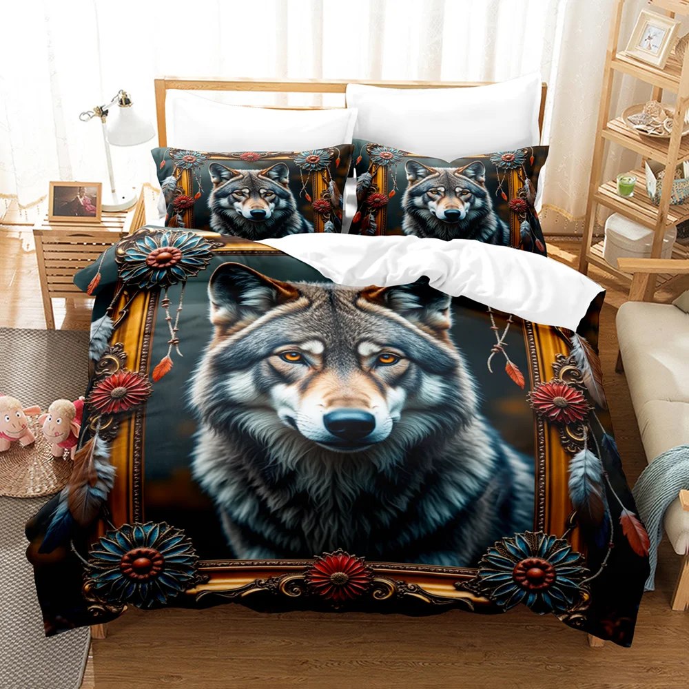 Wolves Photo Frame Bedding Set 3D Bed Linen Pillowcases No Core Comfortable Bedclothes Aggressiveness Vintage Frame Duvet Cover