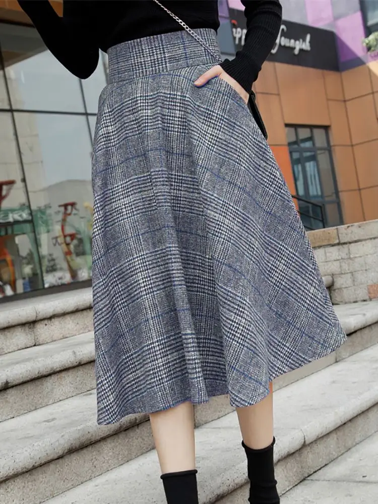 England Style Grey Plaid skirt High Waist Midi Skirts Woolen A Line Pleated Winter Women Tartan Skirts S-5XL