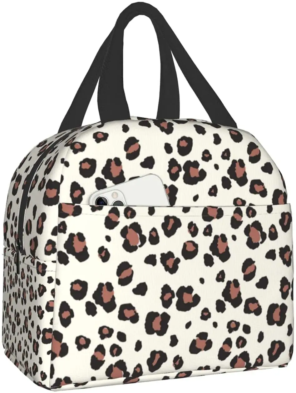 Beige with Leopard Lunch Bag Reusable Lunch Box Waterproof Thermal Tote Bag Lunch Container Cute Cooler Bag for Women Men