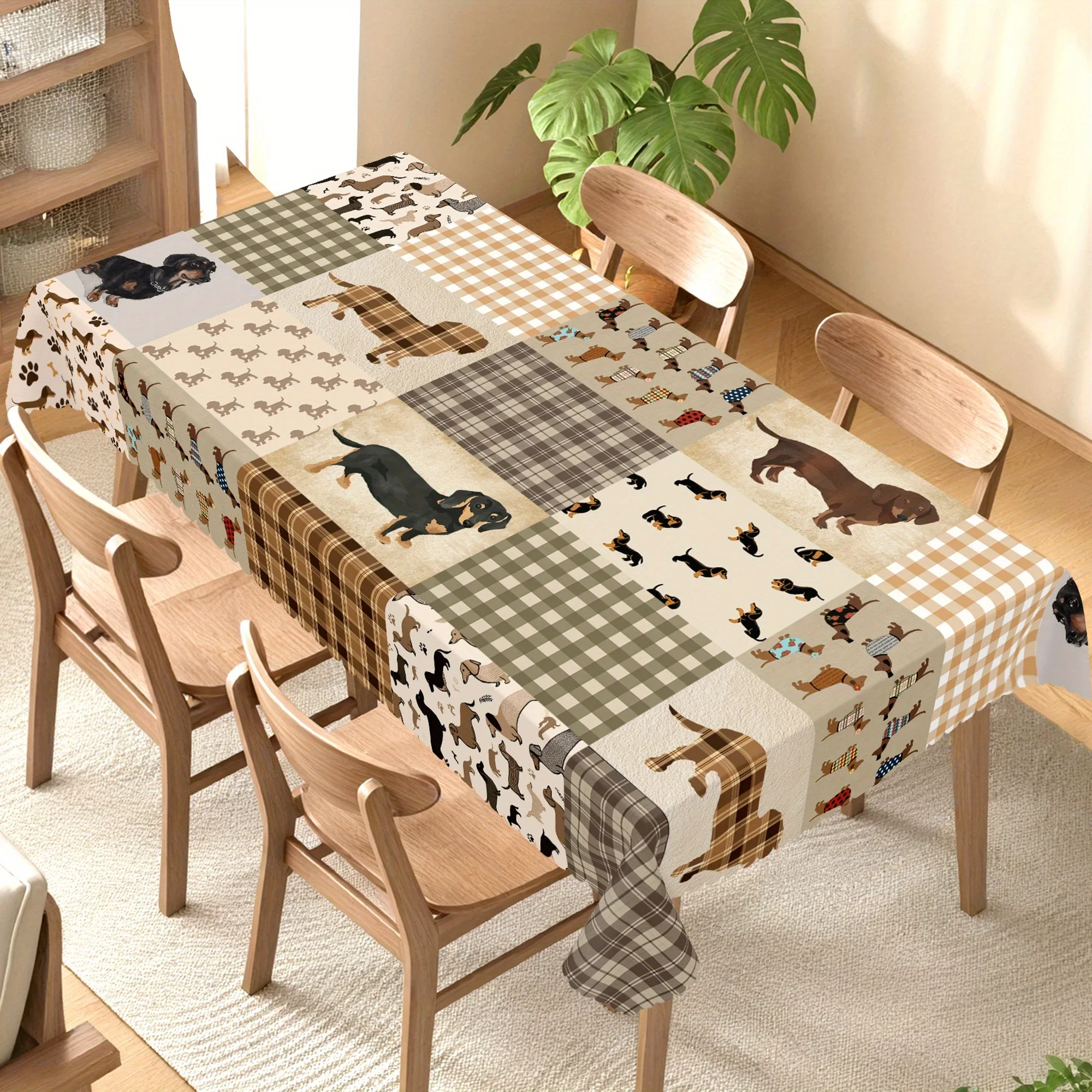 One modern-style sausage dog print tablecloth in various sizes. Gift for pet lovers.