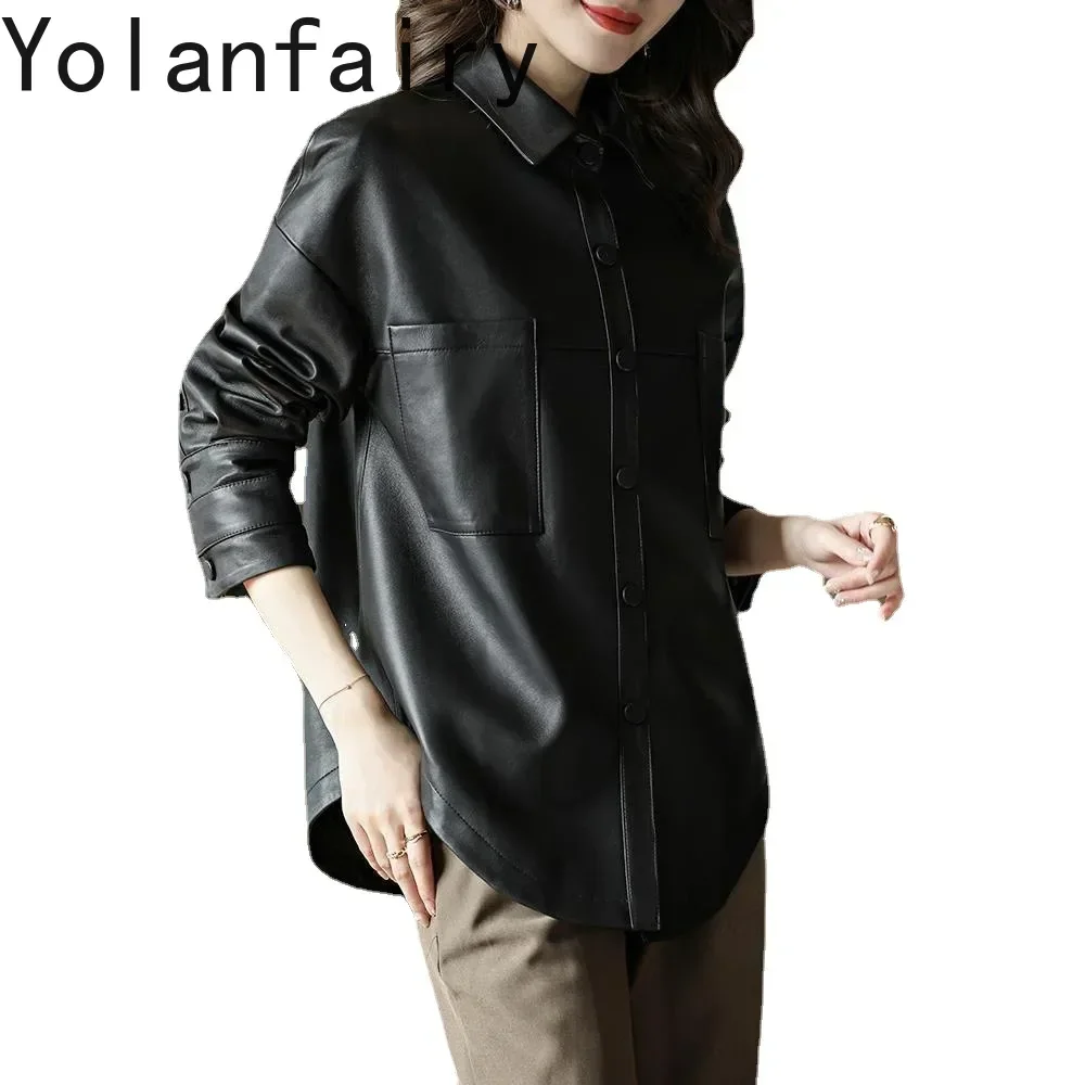 YOLANFAIRY Autumn Genuine Leather Jacket Women's Sheepskin Coat Female Mid Long Loose Korean Trench coat Куртка Женская Кожаная