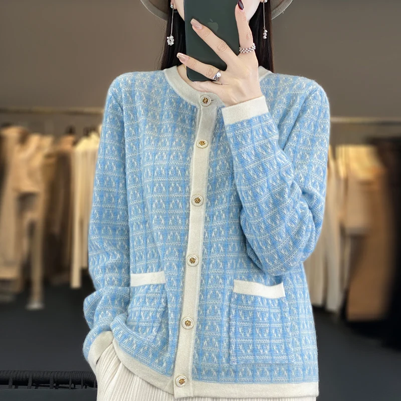 New autumn and winter products 100% wool color matching knit cardigan Jacquard Joker O-neck pocket cashmere loose coat top