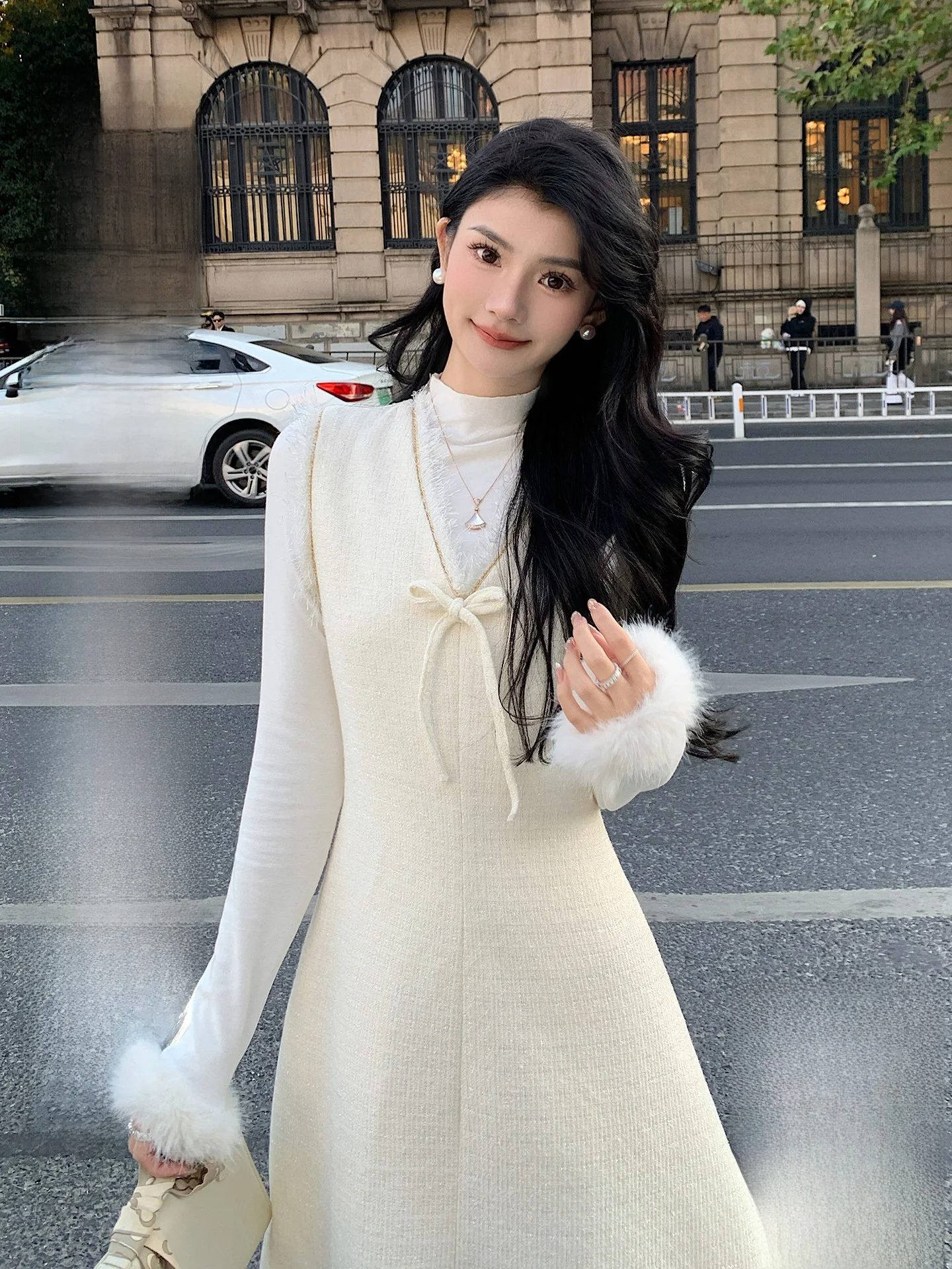

AMNANA Elegant Heavy Embroidery Small Fragrance Style Vest Dress Women's V-neck Moccasin Fairy Skirt Waist-cinching Long Dress