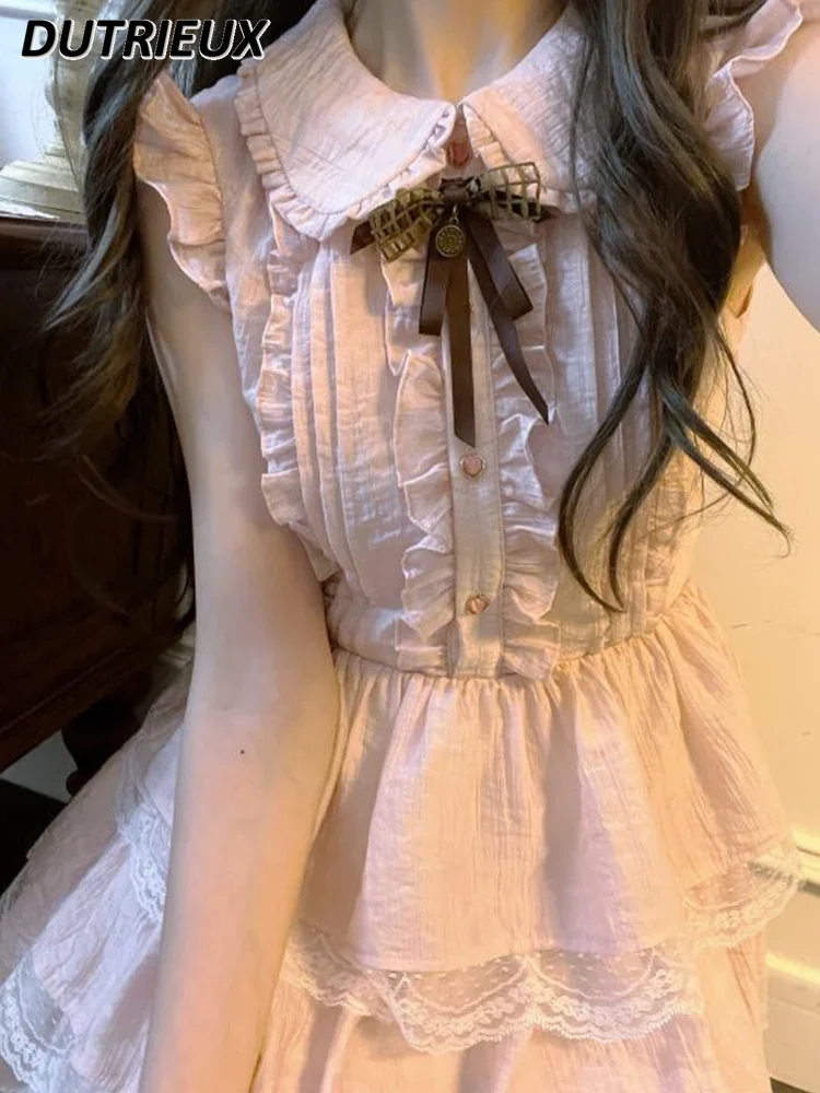 Vestido de princesa rosa de manga voladora, diseño Original japonés, vestido ajustado a la cintura, Vestido corto de princesa con borde de encaje, dulce y lindo, Verano