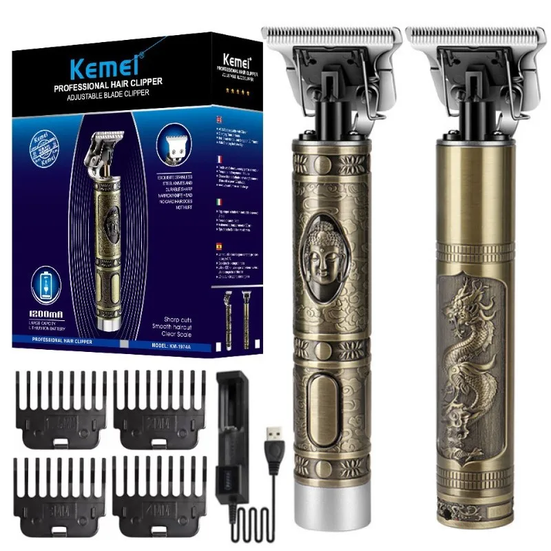 Kemei KM-1974 Professional Hair Clipper Barber Hair Trimmer for Men Retro Buddha Cordless Edge Electric Hair Cutting Machine