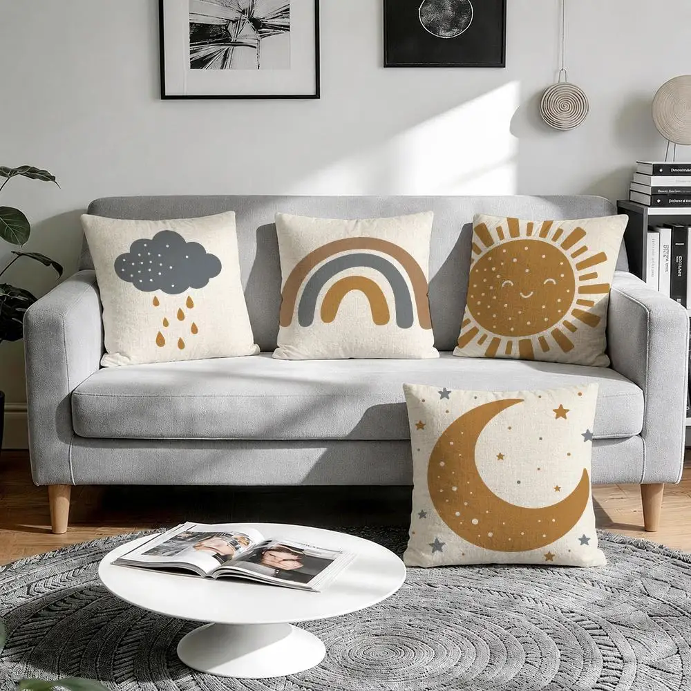 Weather Symbol Wall Art Cushion Cover 1/4Pcs Linen Throw Pillow Covers Double-Side Print Sofa Couch Living Room Decor