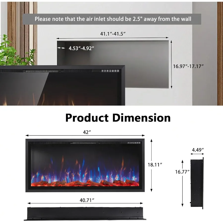 42 مدفأة كهربائية بإطار ألومنيوم ضيق للغاية وتصميم شاشة واسعة لغرف المعيشة الحديثة وغرف النوم المثبتة على الحائط