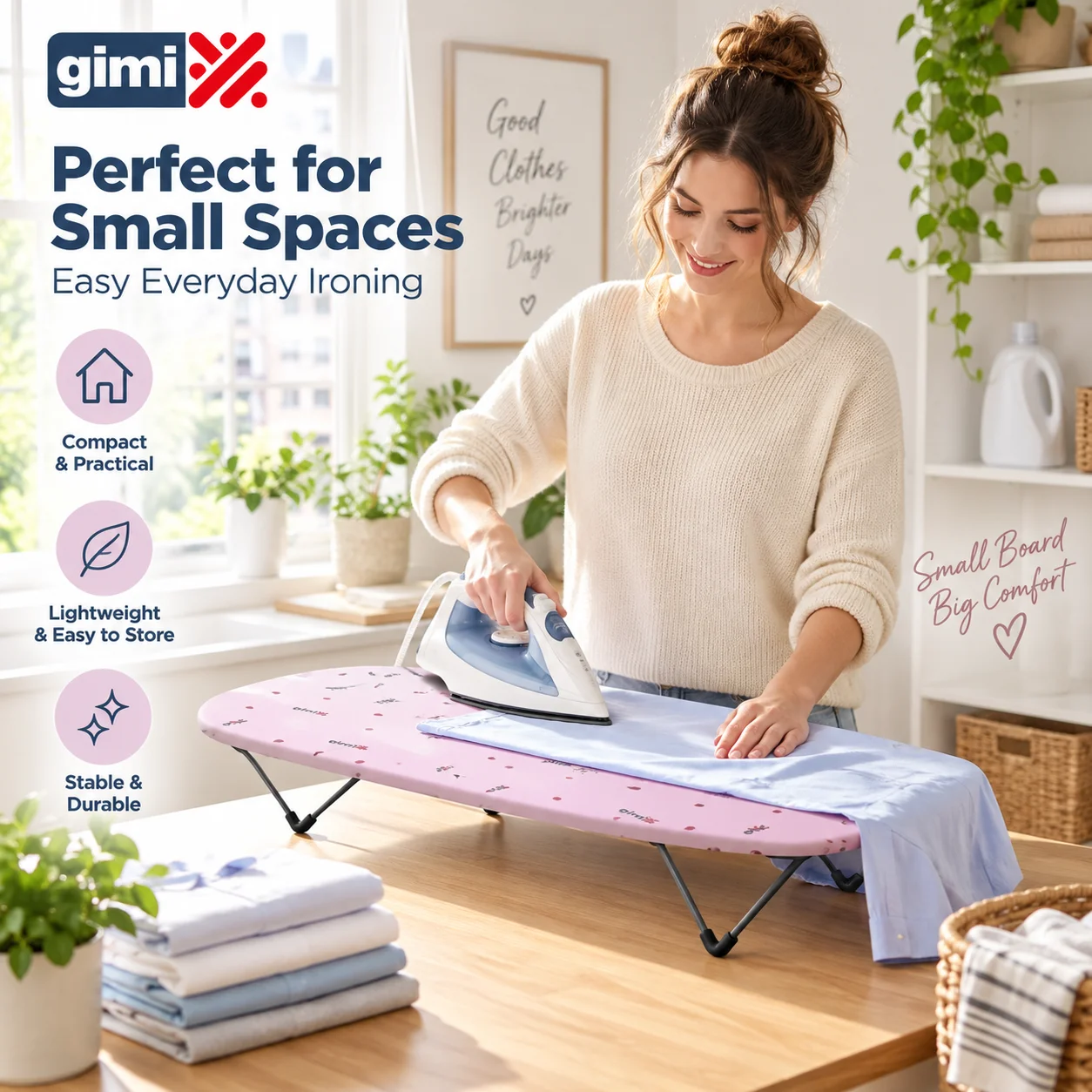 GIMI Pollicino Mini Asse da Stiro da Tavolo 73x32cm Asse da Stiro Pieghevole e Portatile Salvaspazio Asse da Lavanderia Compatto per Casa, Viaggi, Dormitorio 3 Colori