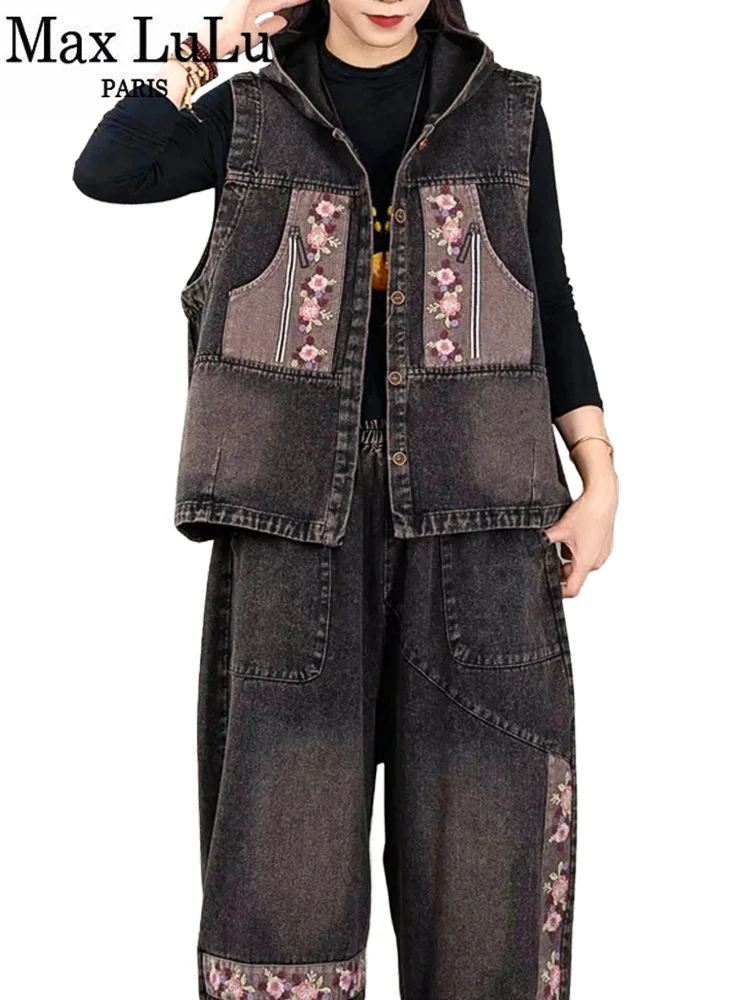 

Max LuLu Autumn Fashion Denim Suits Womens Embroidery 2 Pieces Sets Loose Outfits Hooded Vest Coats Casual Jeans Vintage Pants