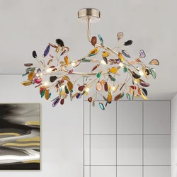 Modern Colorful Agate LED Ceiling Chandeliers Lighting Romantic Leaves Shape Pendant Lamp Living Dining Room Bedroom Decor Light