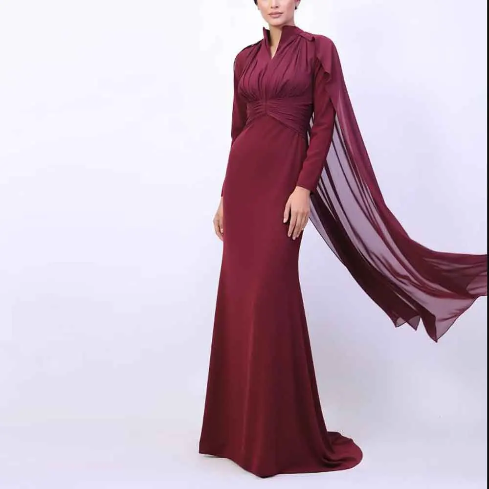 

Customized Draped Communion Evening Dress High Neck Full Sleeve Wedding Guest Dresses with Cape High Waist Godmother Gown