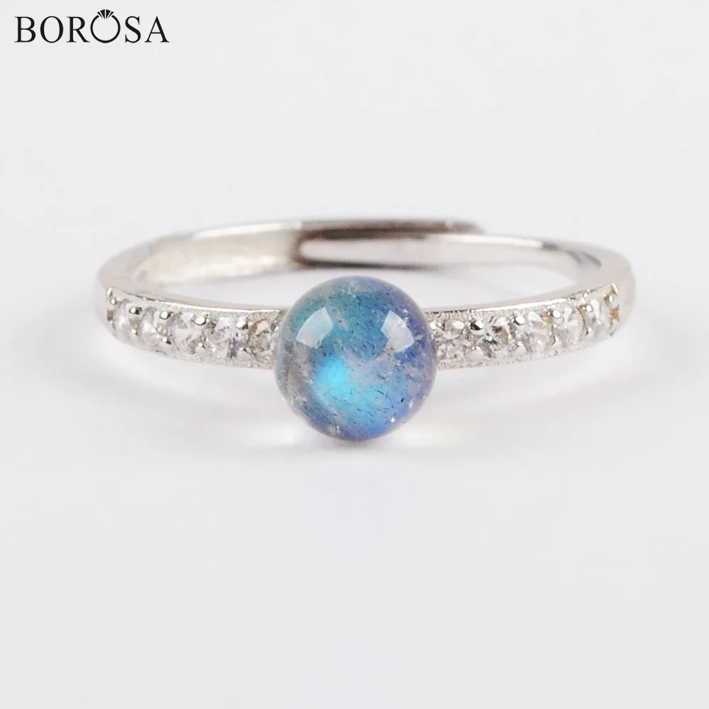 

BOROSA 1/5PCS 925 Sterling Silver Color Round CZ Micro Paved for Women Natural Labradorite Ring Handmade Jewelry Birthday Gifts