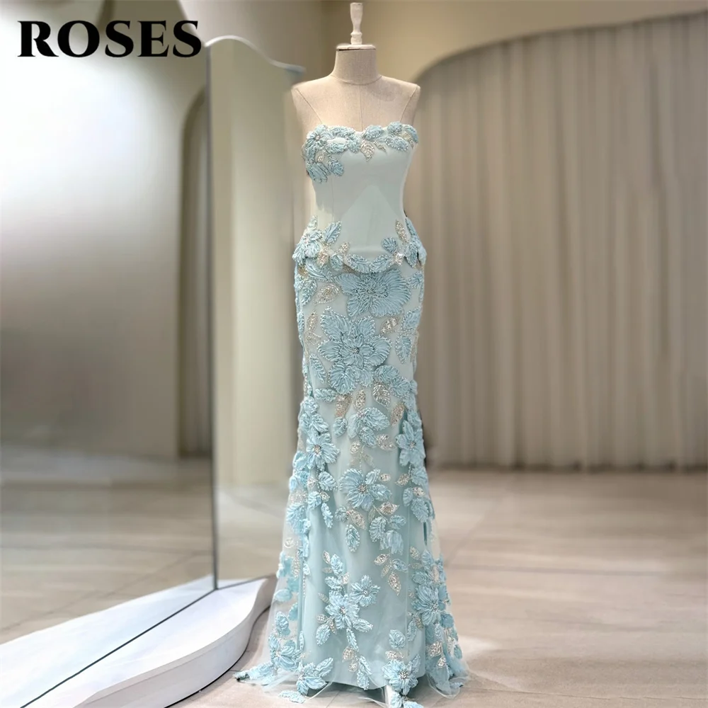 ROSES Pink Evening Dress Strapless Sleeveless Formal Gown Beading On Chest Night Dresses Trumpet Prom Dresses Customized