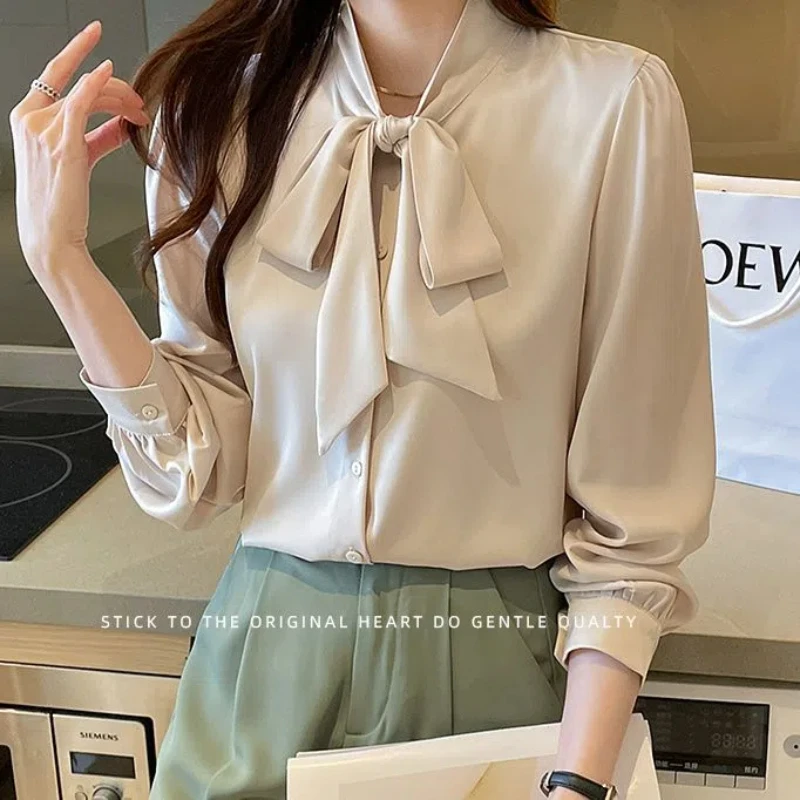 Korean Lacing Loose Solid Blouse Spring Autumn New Chiffon Long Sleeve All-match Elegant Shirt Tops Fashion Office Women Clothes