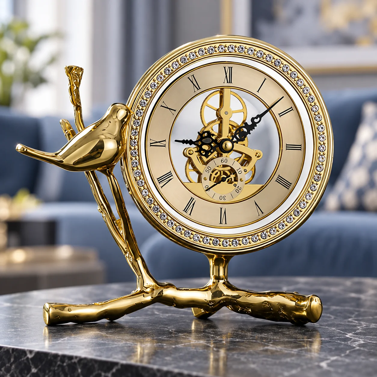 Vintage Gold Bird Table Clock 6 Inch Skeleton Dial Roman Numeral Desk Clock with Branch Stand for Living Room Decor Housewarming