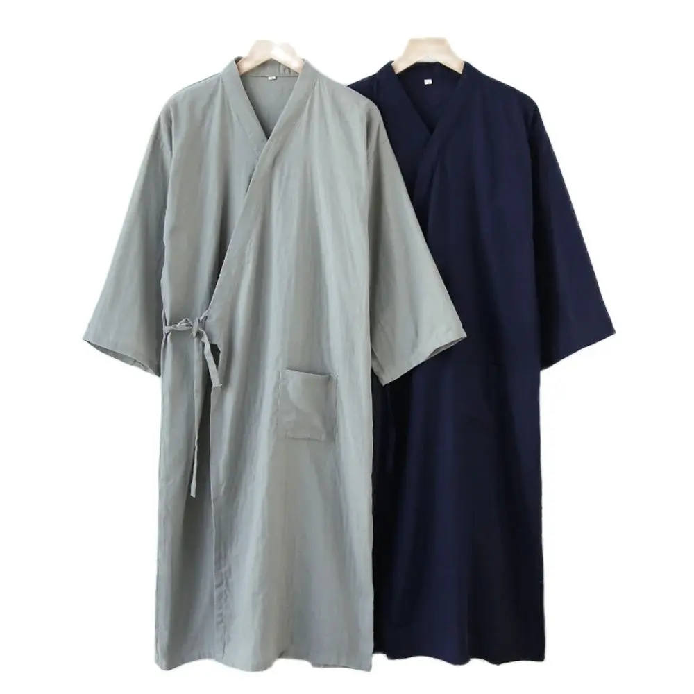 Japanese Style Kimono Bathrobe Men Breathable Nightgown Sleepwear Summer Cotton Lace-up Robe Loose Casual V-neck Pajama Homewear