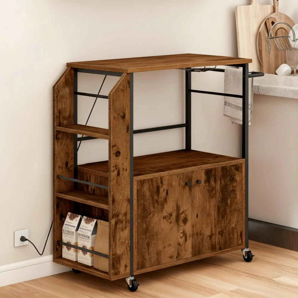 

36 Inch Mobile Kitchen Cart with Power Outlet, Rolling Serving Utility Cart with Storage Shelves for Home Kitchen