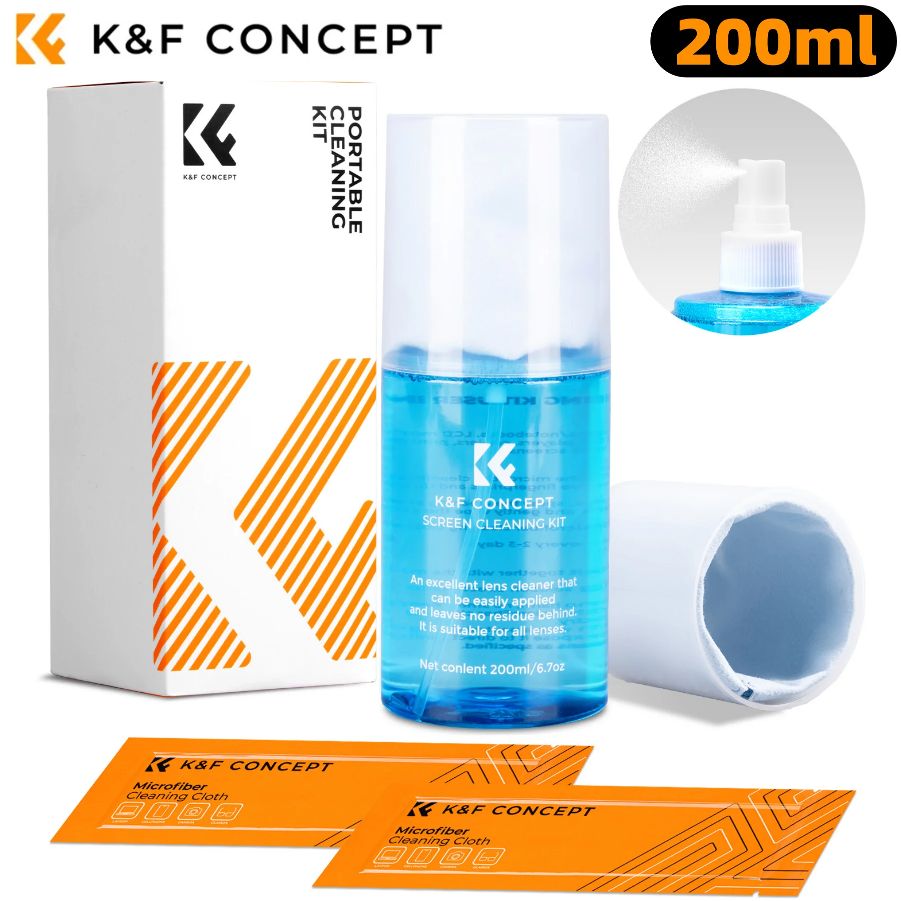 K&F Concept 200 مللي منظف الشاشة رذاذ لعدسة الكاميرا PC الهاتف الخليوي نظارات ساعة CCD/CMOS السائل النظيف مع 2 قماش ستوكات