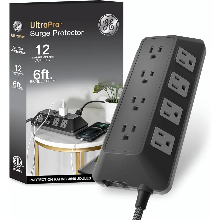 

GE UltraPro Adapt 12Outlet Surge Protector 6ft Braided Heavy Duty Extension Cord Flat Plug Power Strip 3540 Joules Black 74542