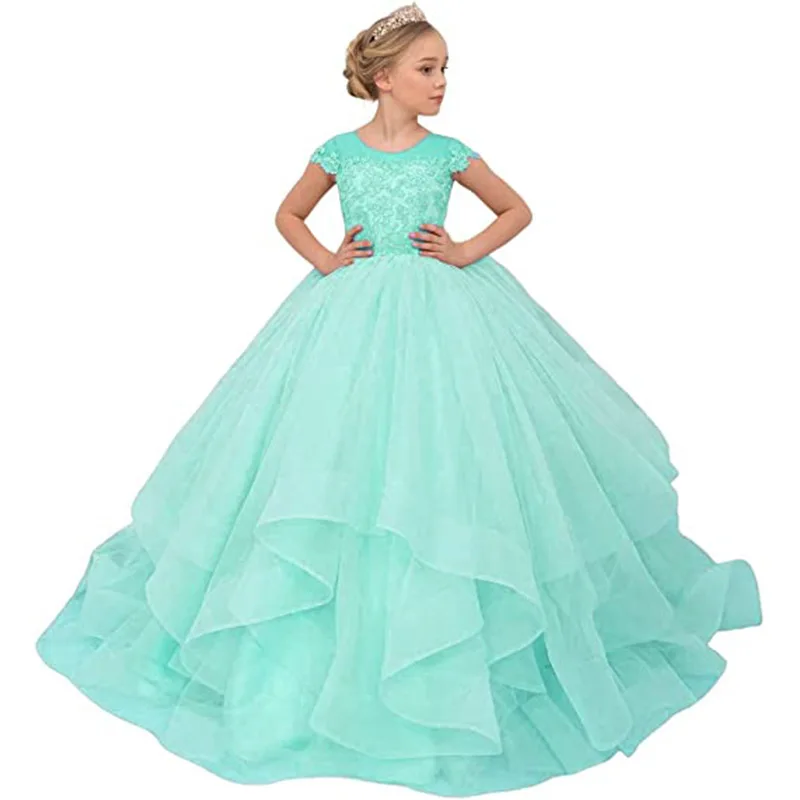 Long Ruffles Blush Ball Gown Child Flower Girl Dresses for Wedding Princess Appliques Cap Sleeves  Photoshoot Communion Gowns