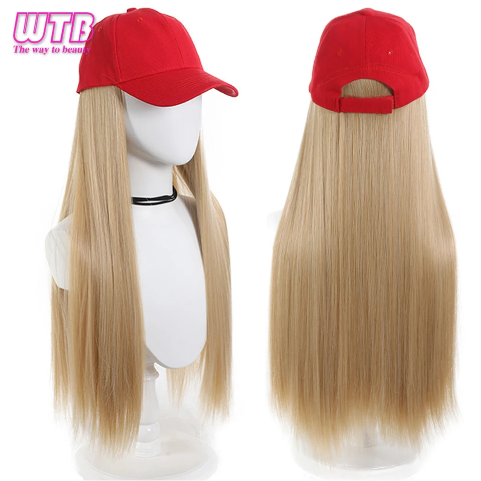 Hat Wig for Women 22 Inches Straight Baseball Cap Wig with straight Hair Extensions Wig Red Hat Adjustable black golden