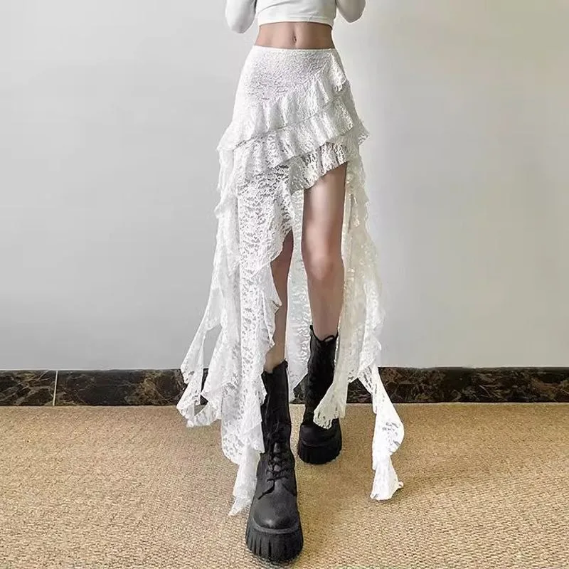 

Irregular Lace Skirt for Women Summer Subcultural All-match White Sweet Skirts Y2k High Waist Faldas Mujer Patchwork Japanese