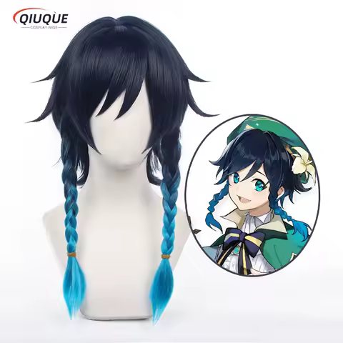 High Quality Game Impact Venti Cosplay Wig Blue Braid Heat Resistant Synthetic Hair Anime Cosplay Wigs + Wig Cap