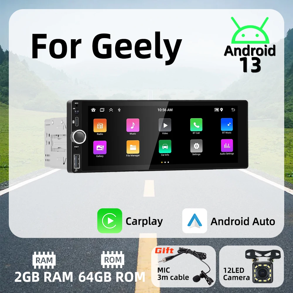 

Carplay Android Auto Android Car Multimedia Player 1 Din Radio for Geely 6.86" Screen Stereo Head Unit Autoradio GPS Navigation